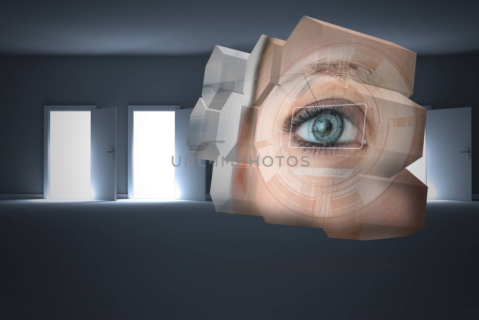 Eye interface on abstract screen against many doors opening revealing light