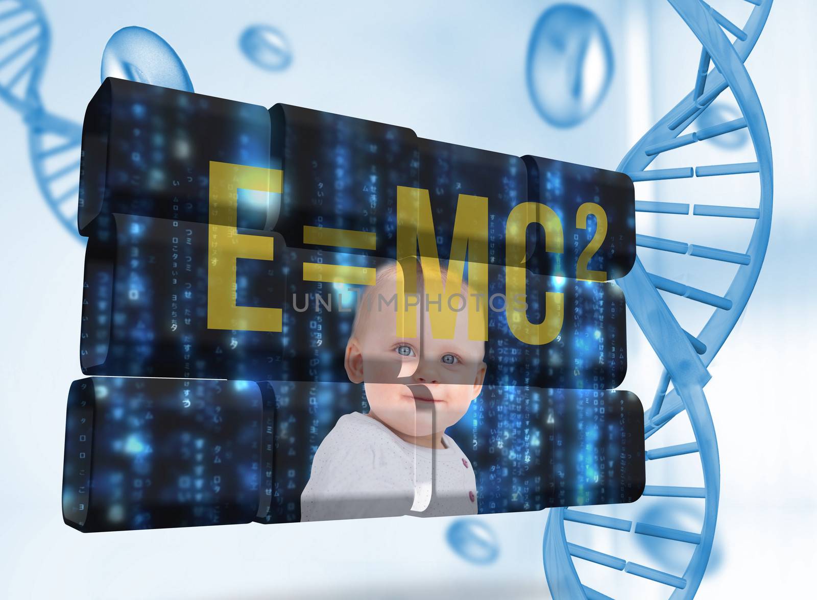 Baby genius on abstract screen against blue chromosomes on blue background