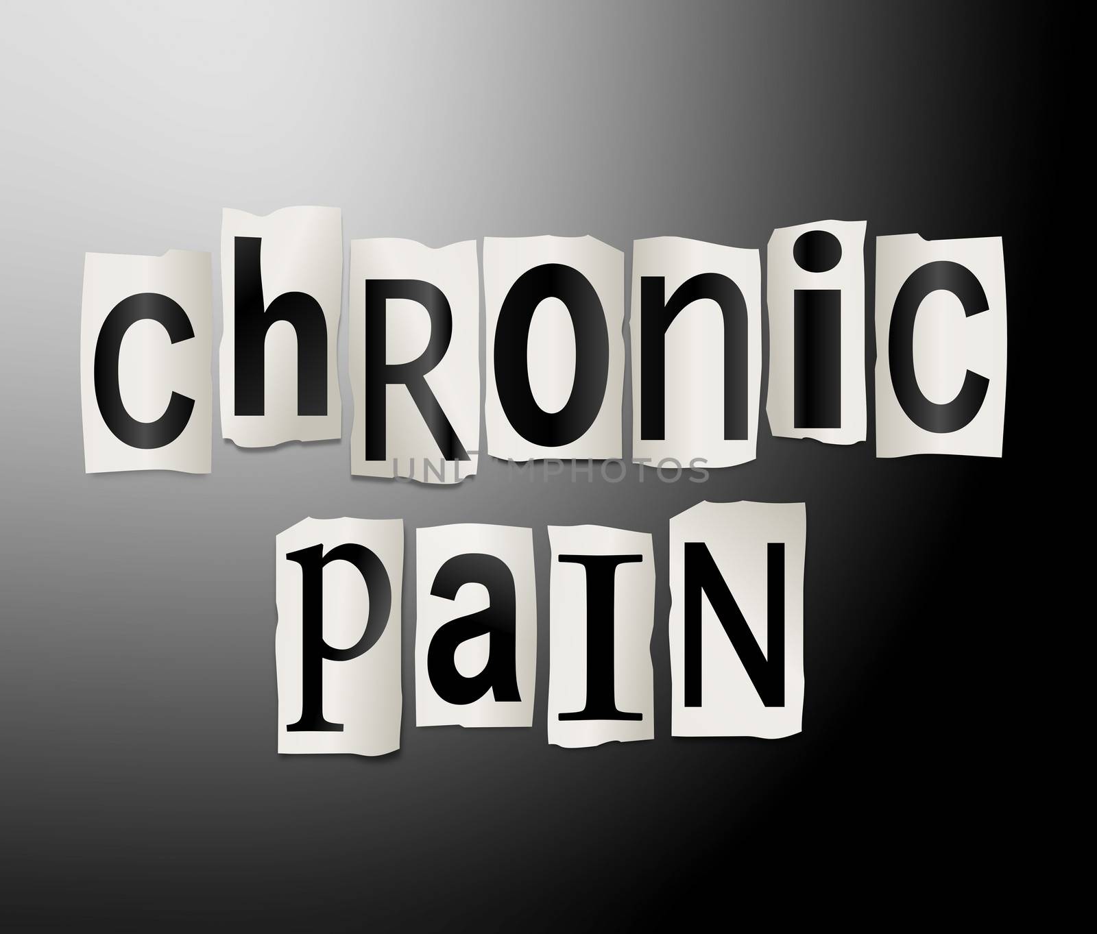 Illustration depicting a set of cut out printed letters arranged to form the words chronic pain.