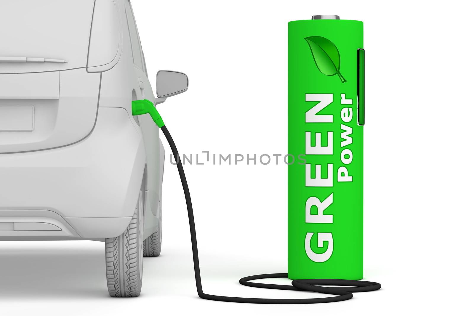 alternative energy green power - a green battery as a fuel pump fuels an E-Car - back view