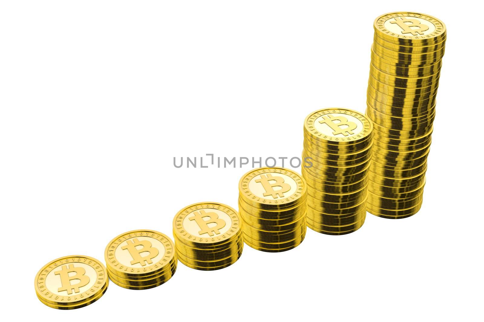 6 stacks of golden bitcoins arranged in increasing height