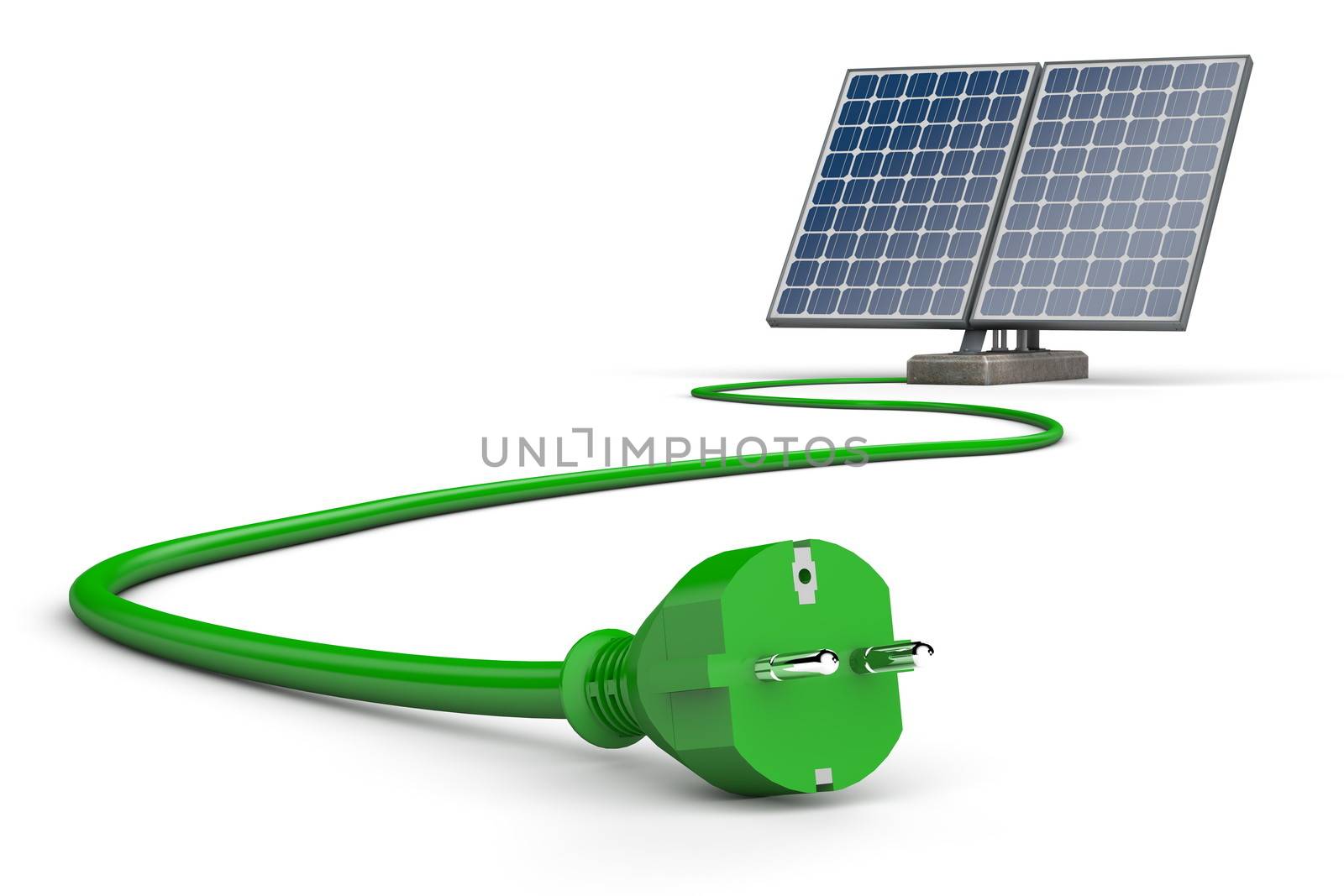 two solar panels connected to a curving green cable on a white background