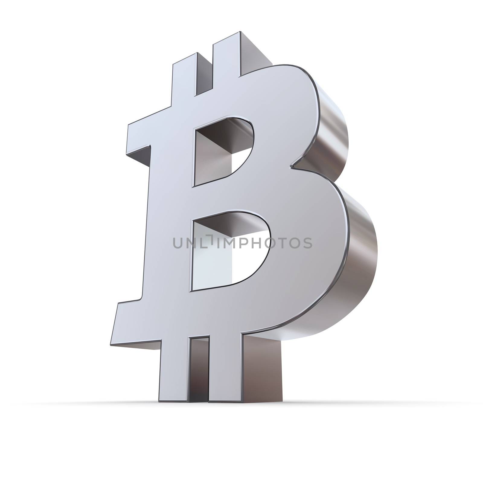 large silver bitcoin symbol standing on a white background from a low diagonal camera angle