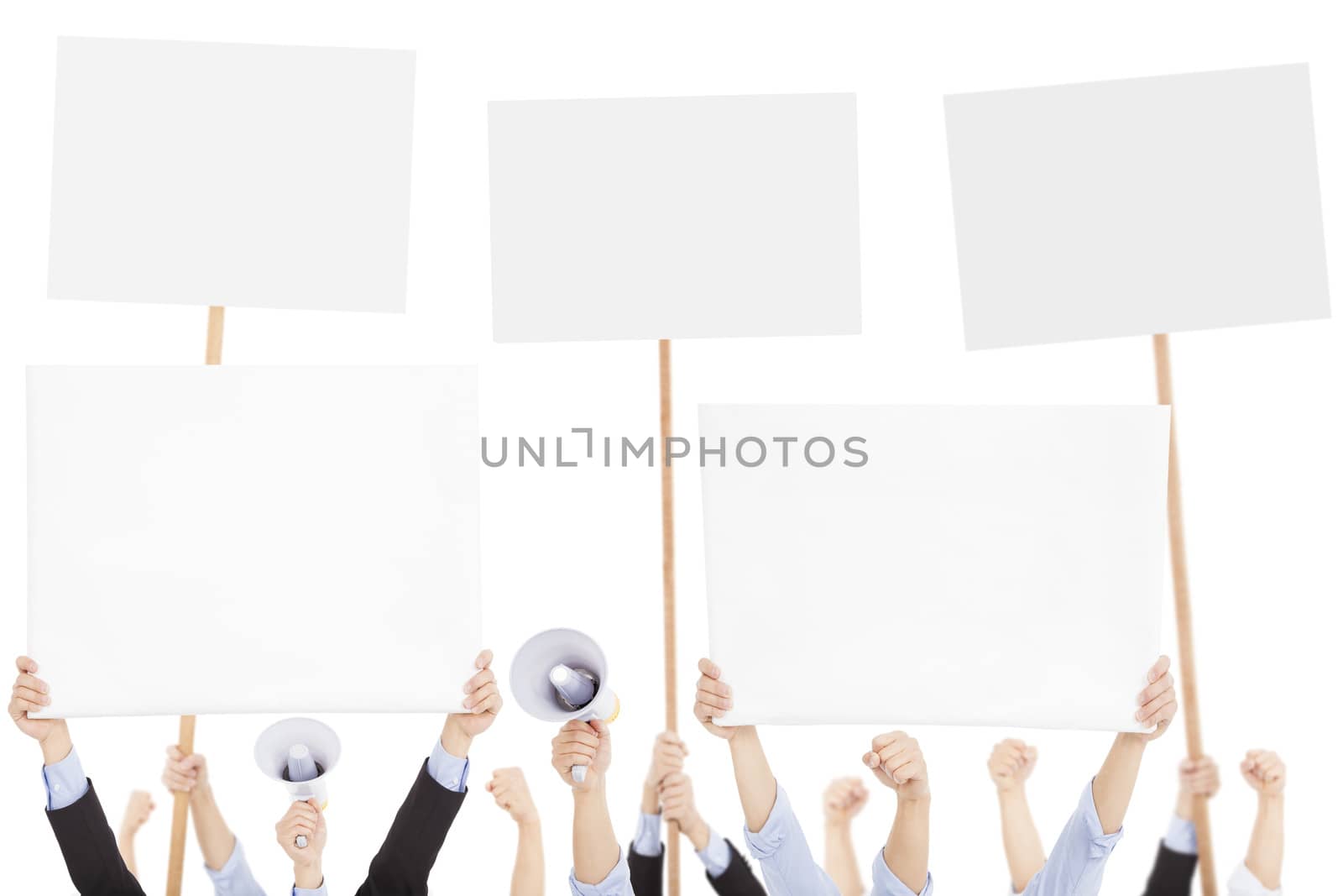 furious people protesting with board and megaphone by tomwang