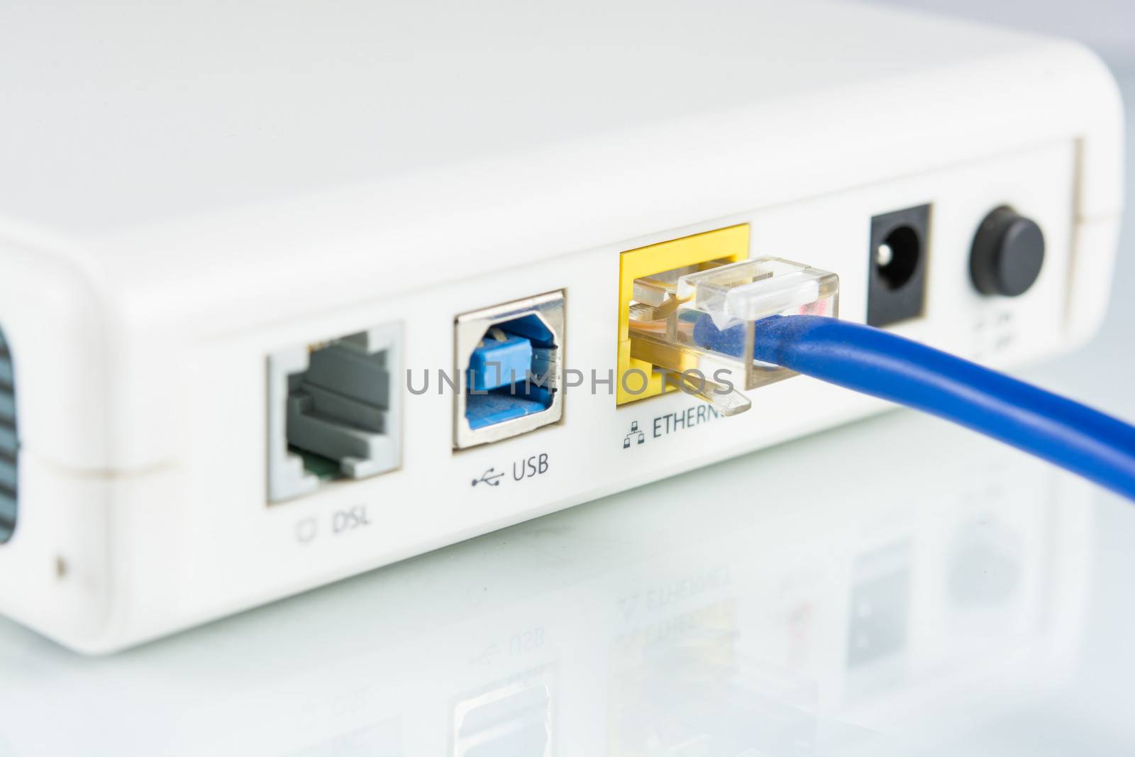 Router network hub with cable insert RJ45 port