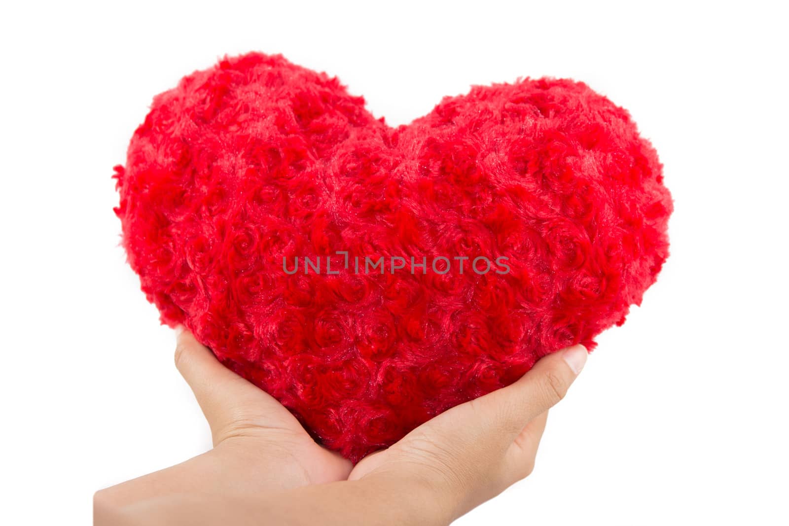 Red heart hold on hand isolated on white background