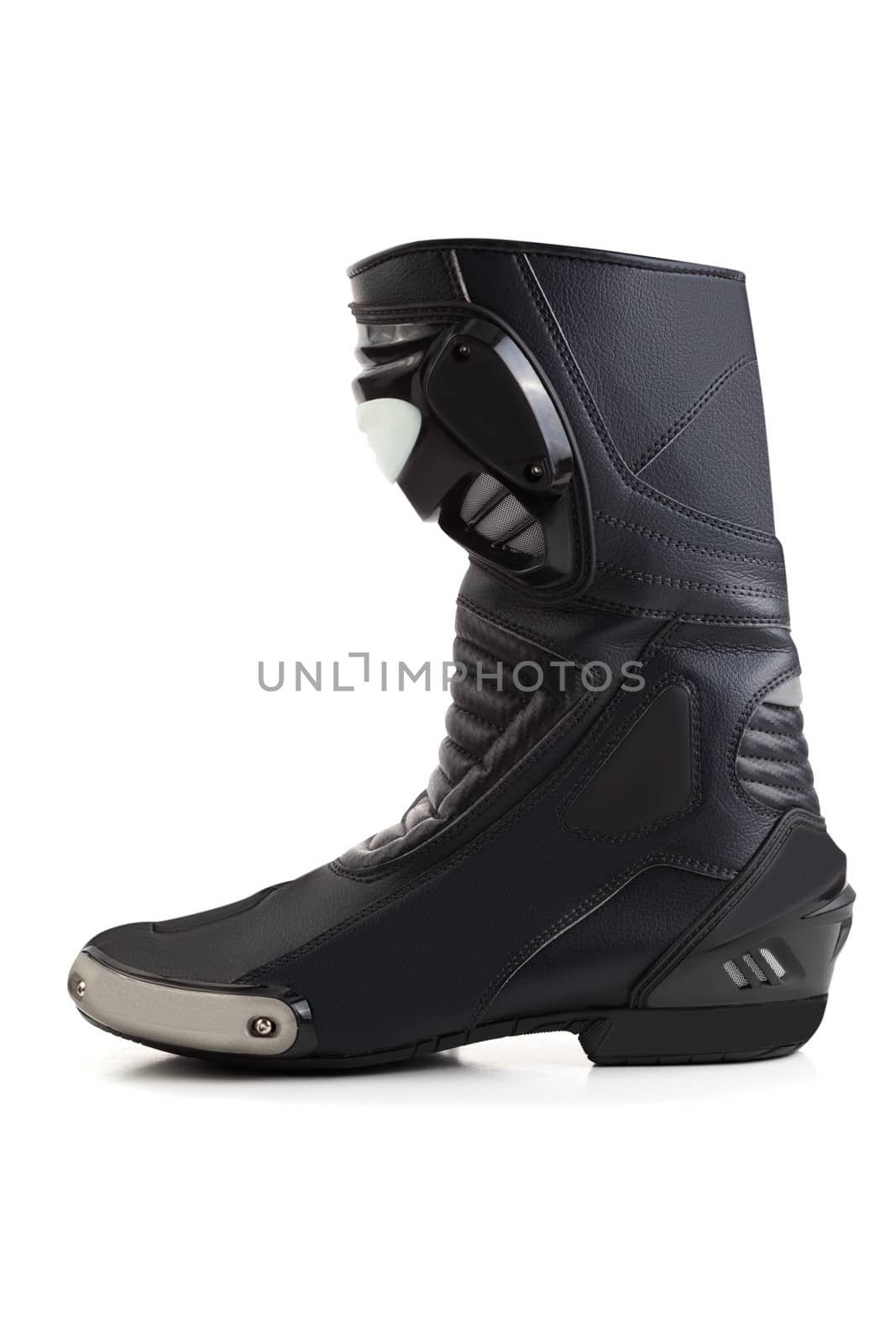 Black sportbike racing boot with carbon fiber isolated on white