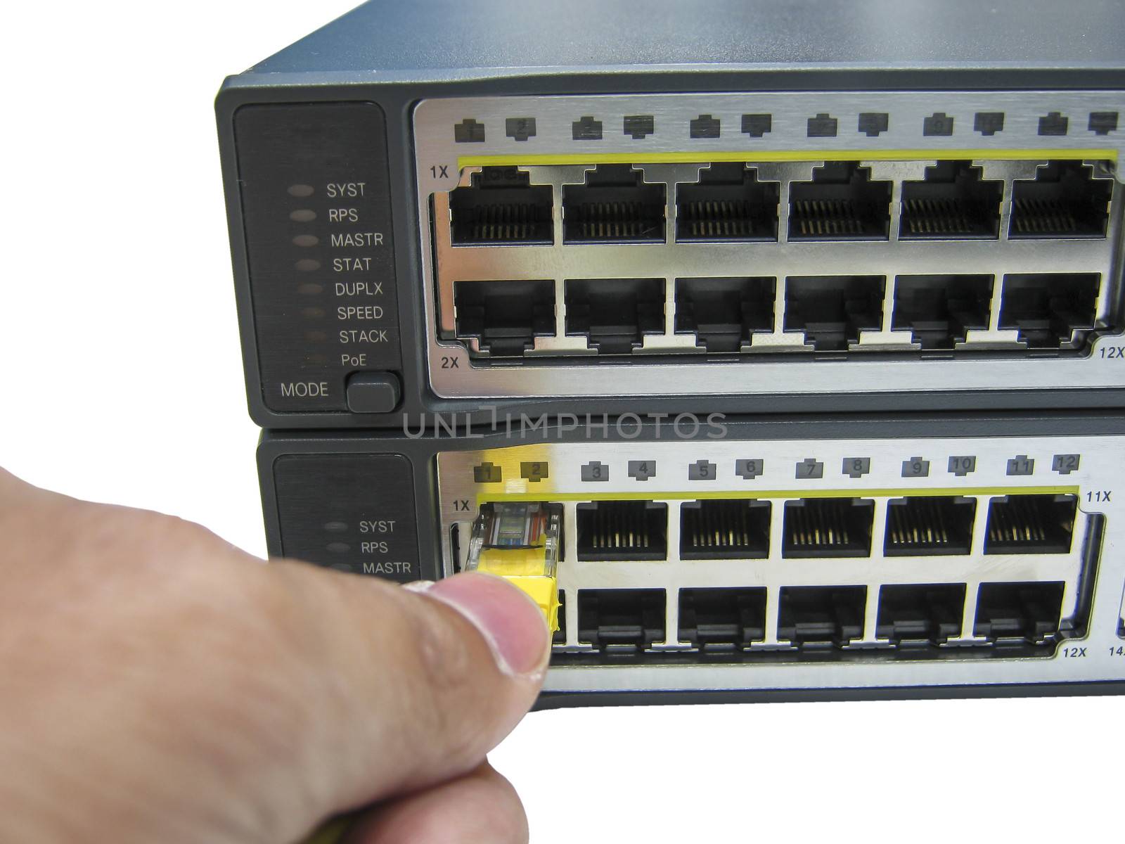 hand with ethernet cables connected to servers by Sorapop