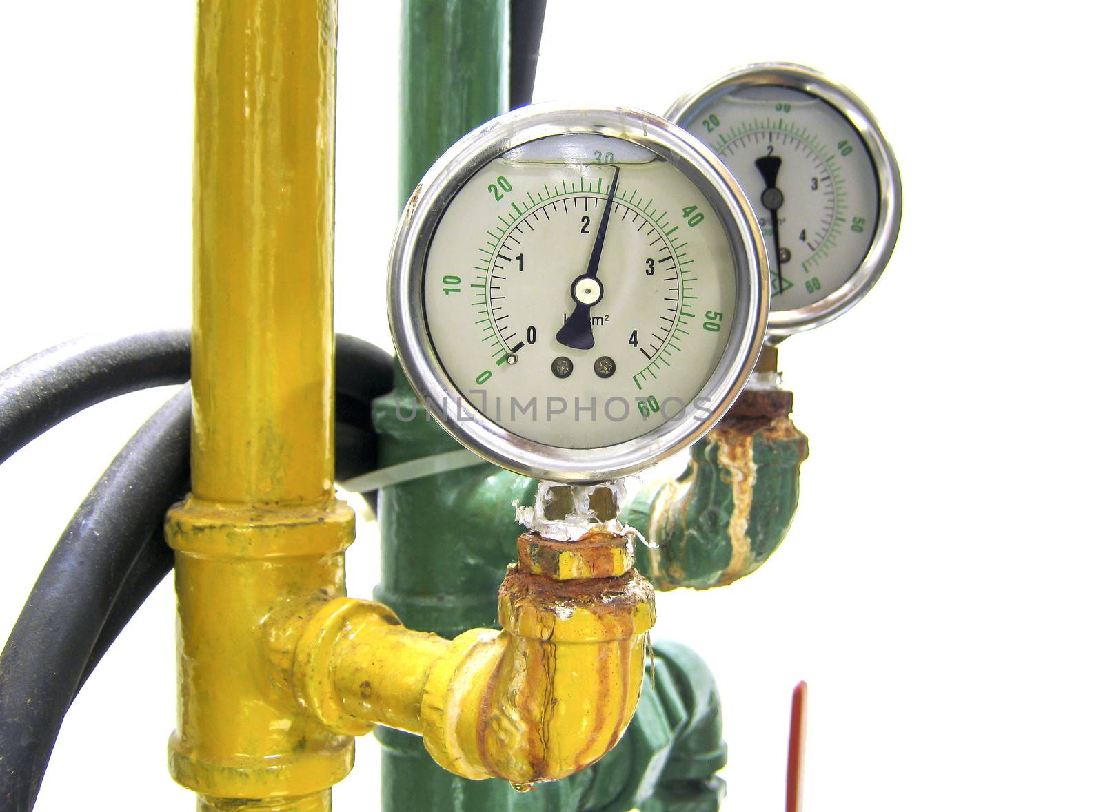 Industrial water temperature meter with pipe on white background