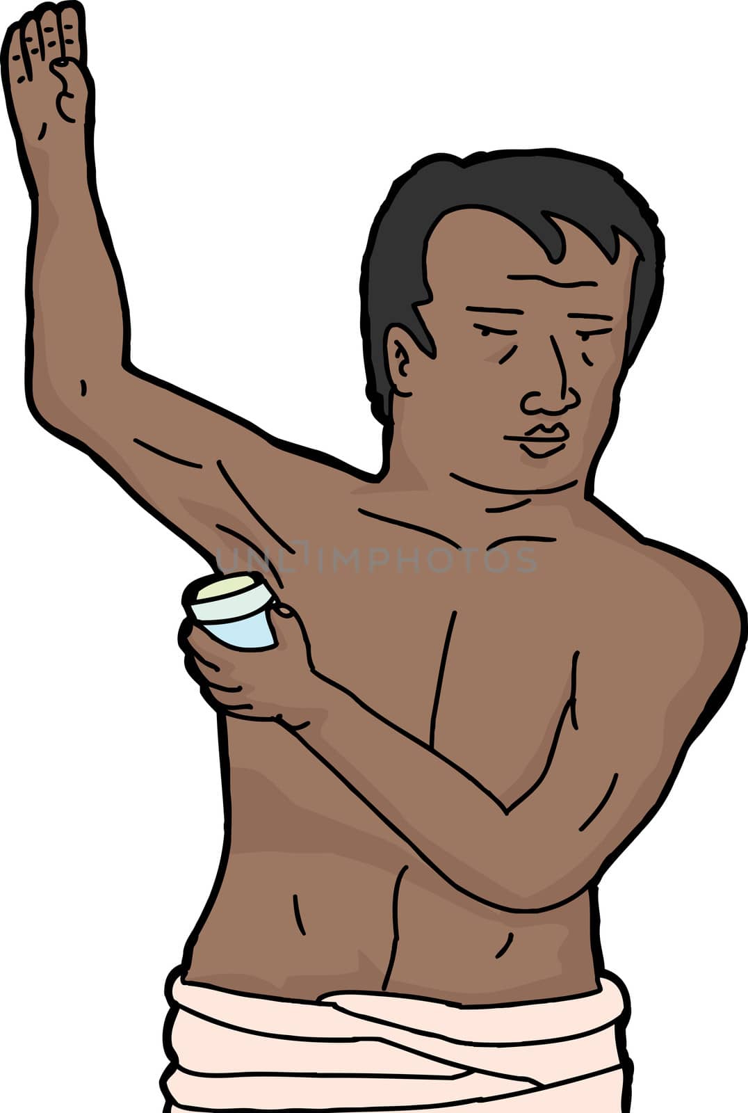 Hispanic man putting on deodorant over white background