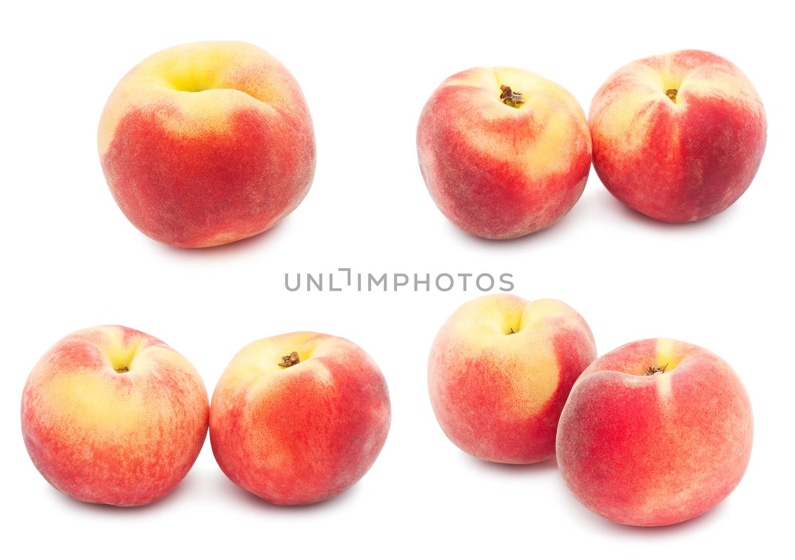 Collection of fresh sweet peaches isolated on white background