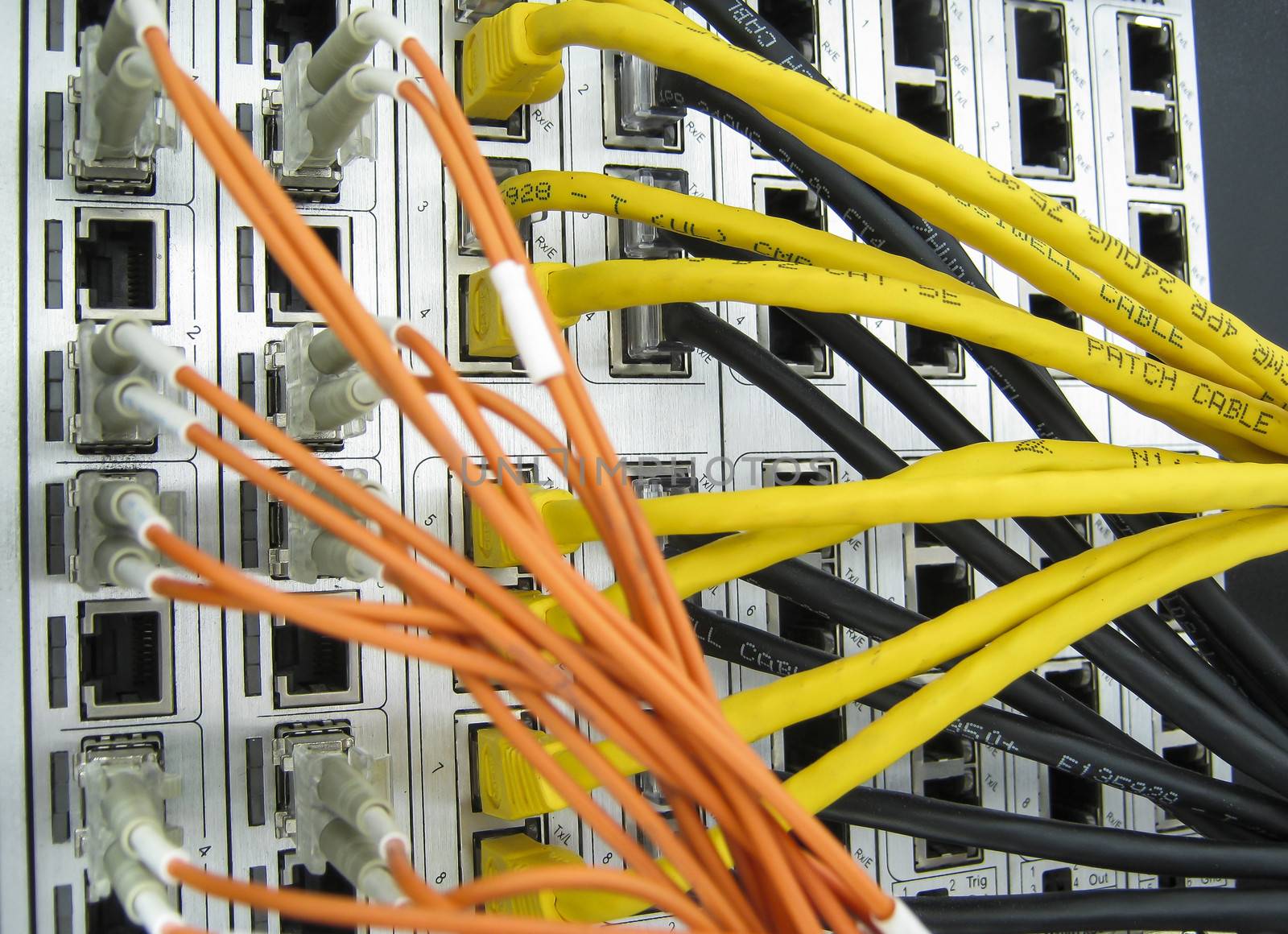 Internet service provider communications equipment installed in a large datacenter.