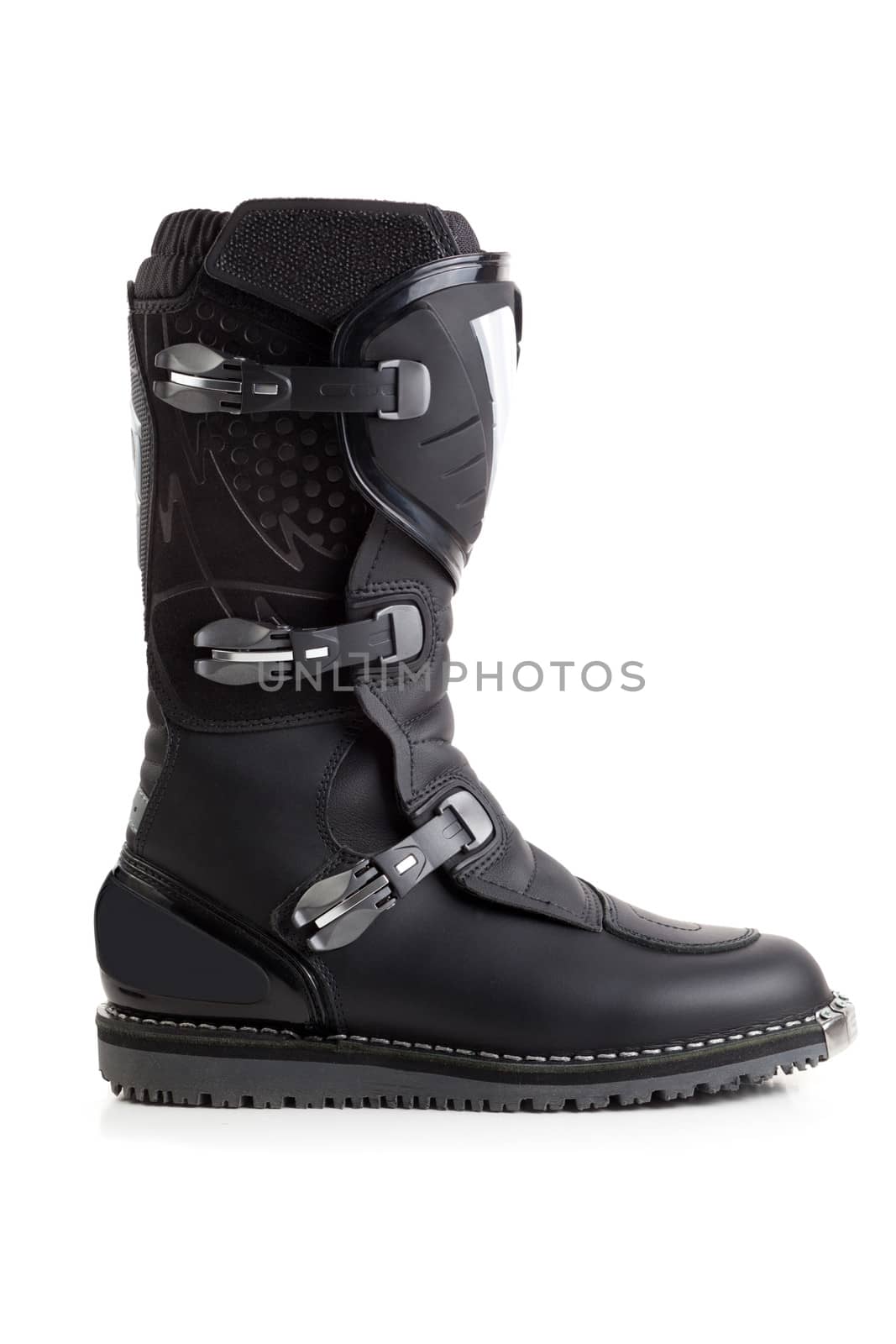 Enduro boot for riding on a motorcycle isolated on white