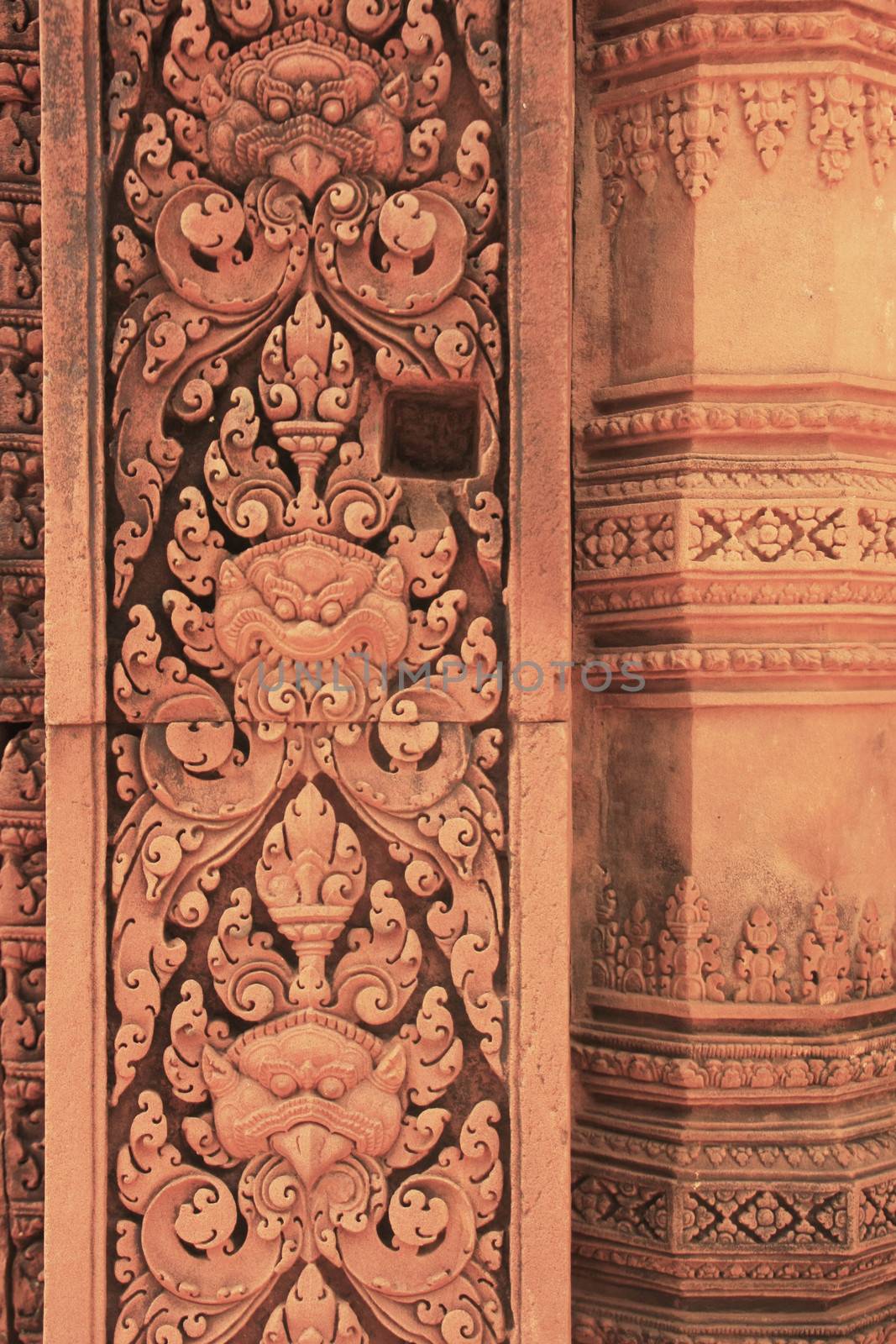 Decorative wall carvings, Banteay Srey temple, Angkor area, Siem Reap, Cambodia