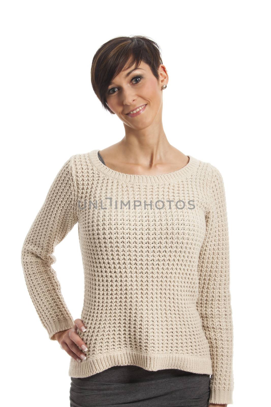 woman in a sweater on white