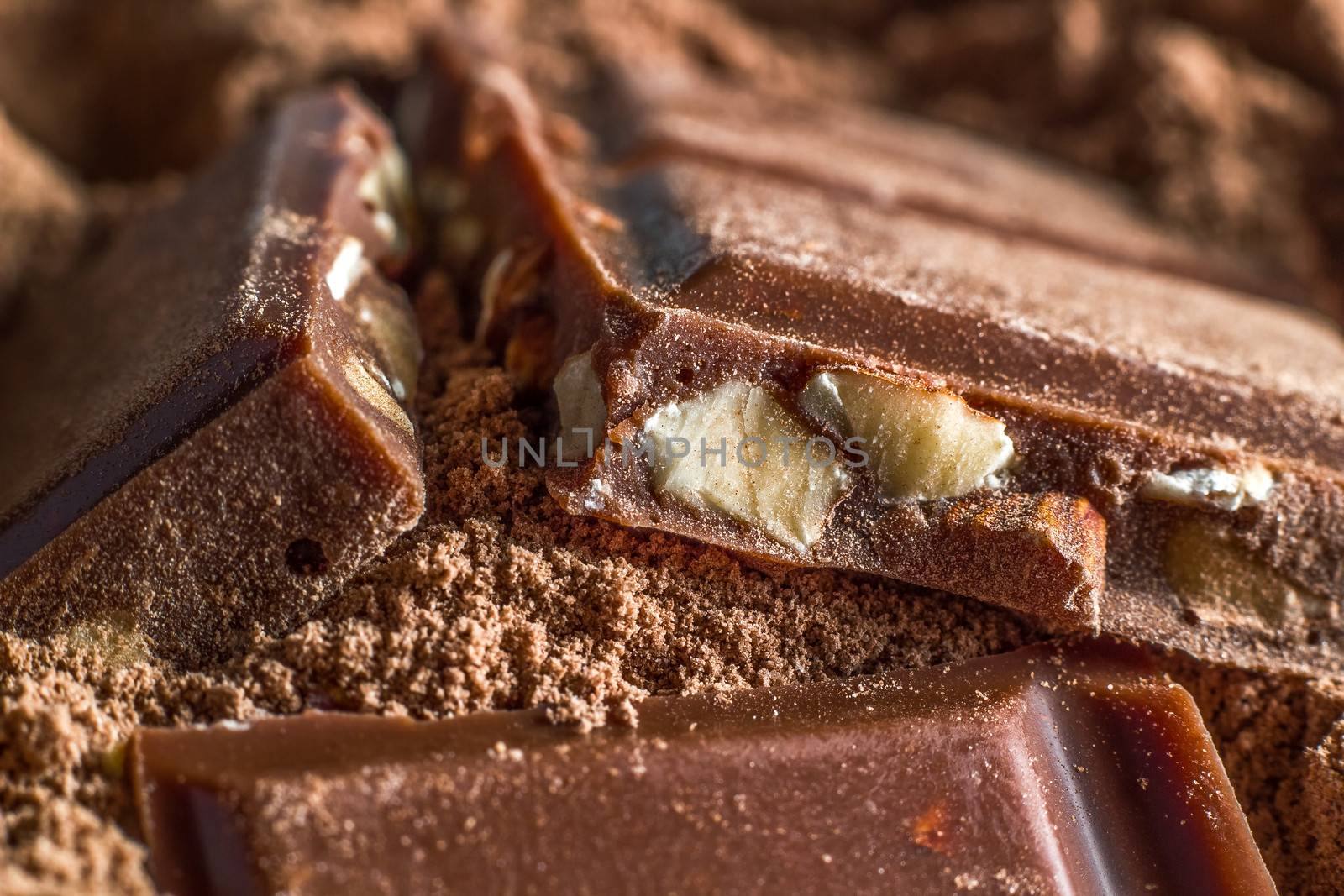 Several pieces of chocolate with hazelnut