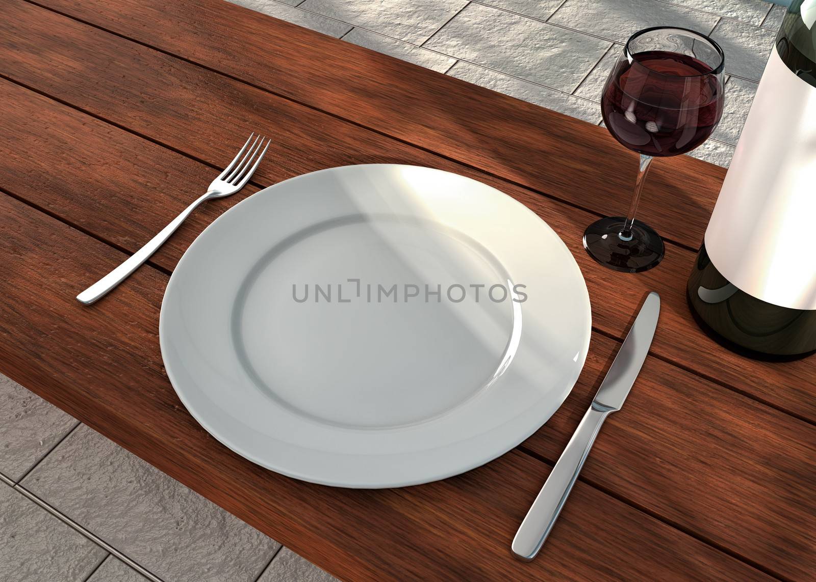 Knife, fork, wine and white dish on the dining table
