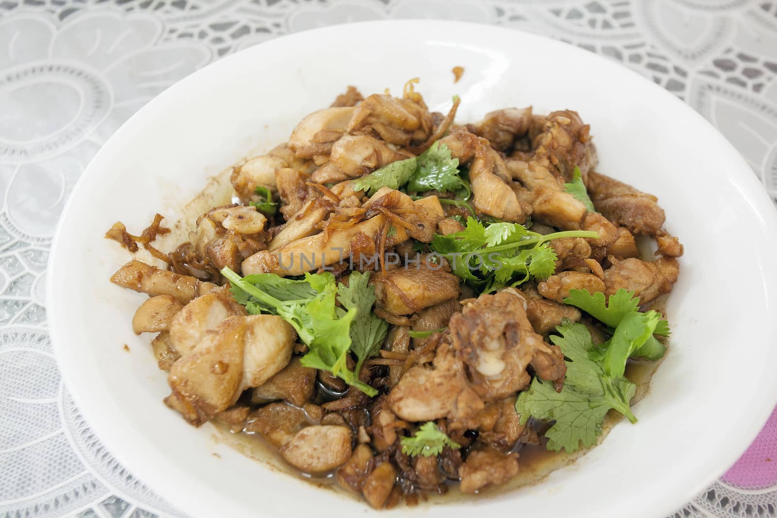Soy Sauce Chicken with Ginger Dish Garnished with Cilantro