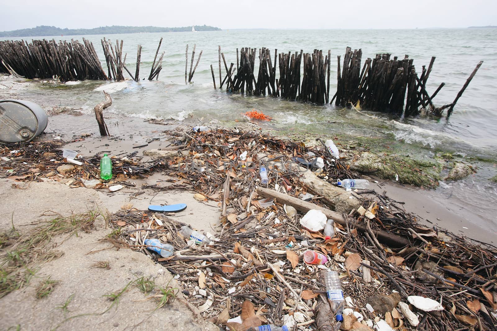 Plastic Bottles and Other Trash Washed Up Ashore at Changi Beach in Singapore