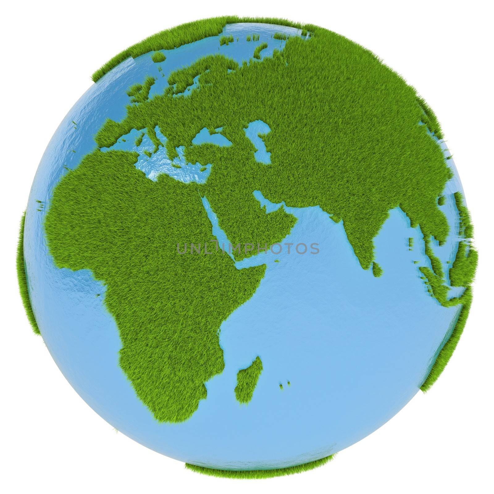 Green planet with blue oceans and continents covered with grass isolated on white background. Concept of ecology and clean environment