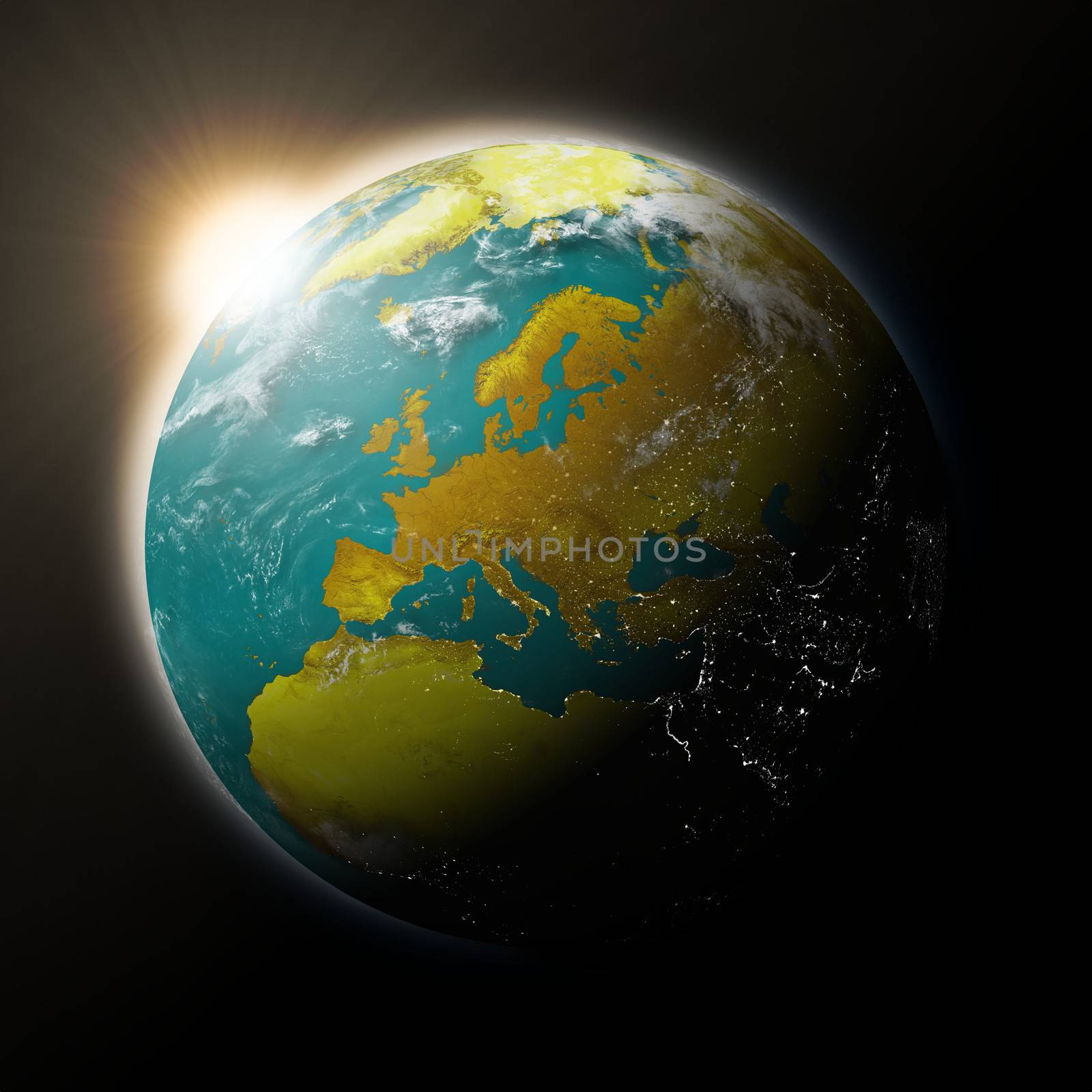 Sun over Europe on blue planet Earth isolated on black background. Highly detailed planet surface. Elements of this image furnished by NASA.