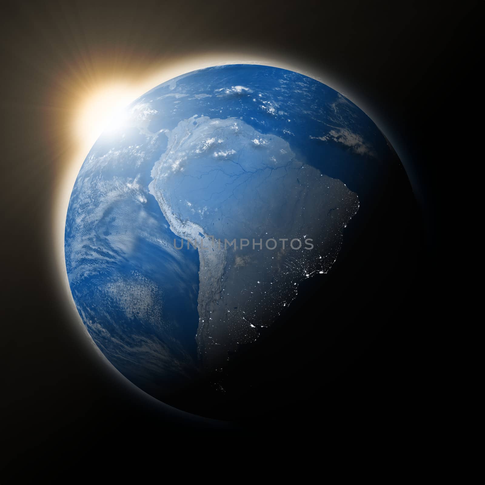 Sun over South America on blue planet Earth isolated on black background. Highly detailed planet surface. Elements of this image furnished by NASA.