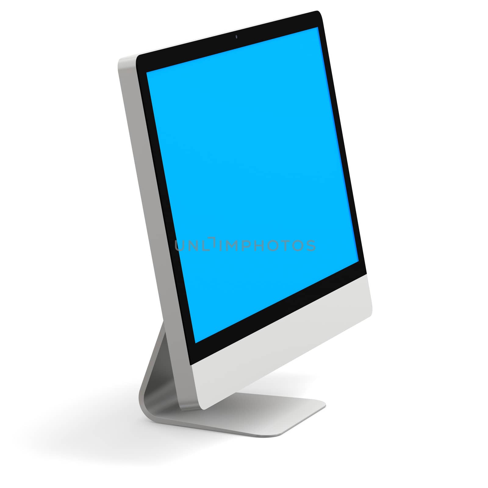 Modern desktop computer with blue screen isolated on white background