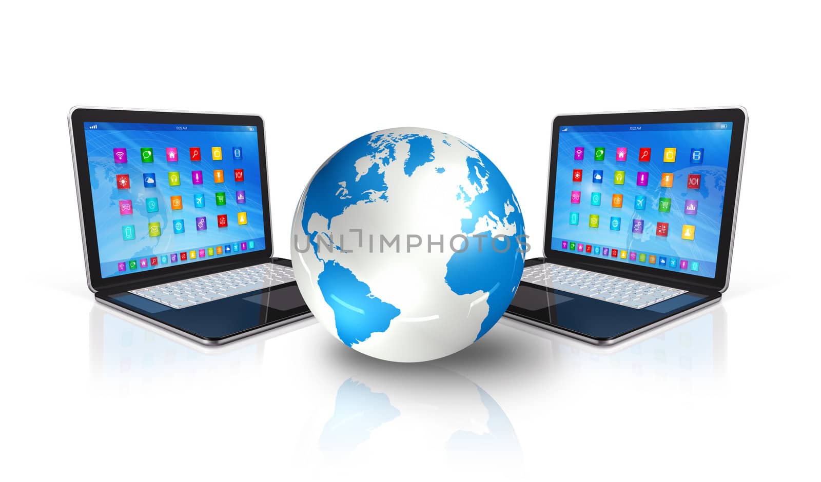 3D Laptop Computers around World Globe - apps icons interface - isolated on white