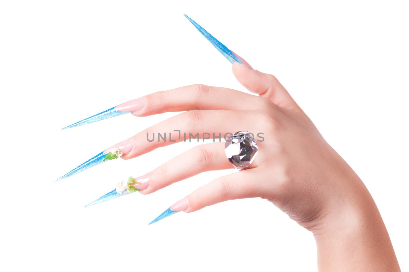 extremely long nails with nail-art and crystal jewellery,