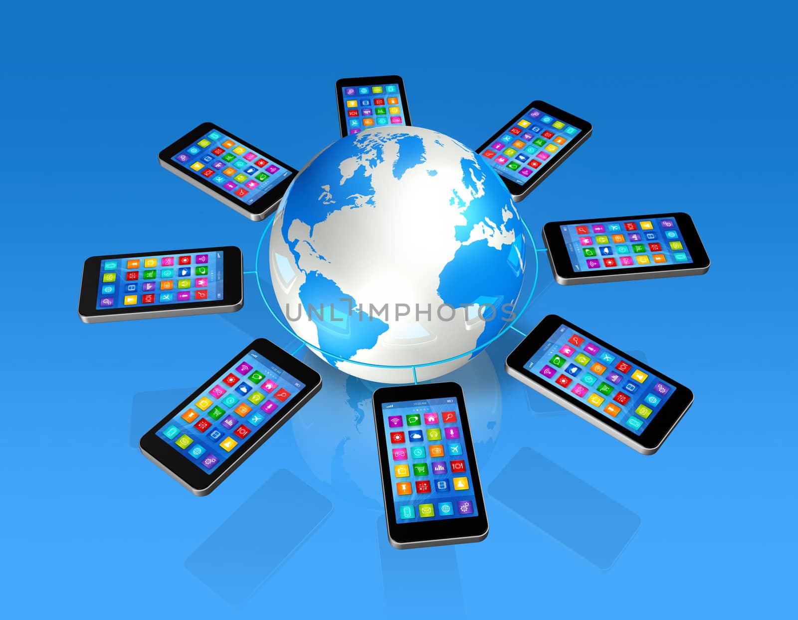 3D Smartphones Around World Globe, isolated on blue - Global Communication Concept