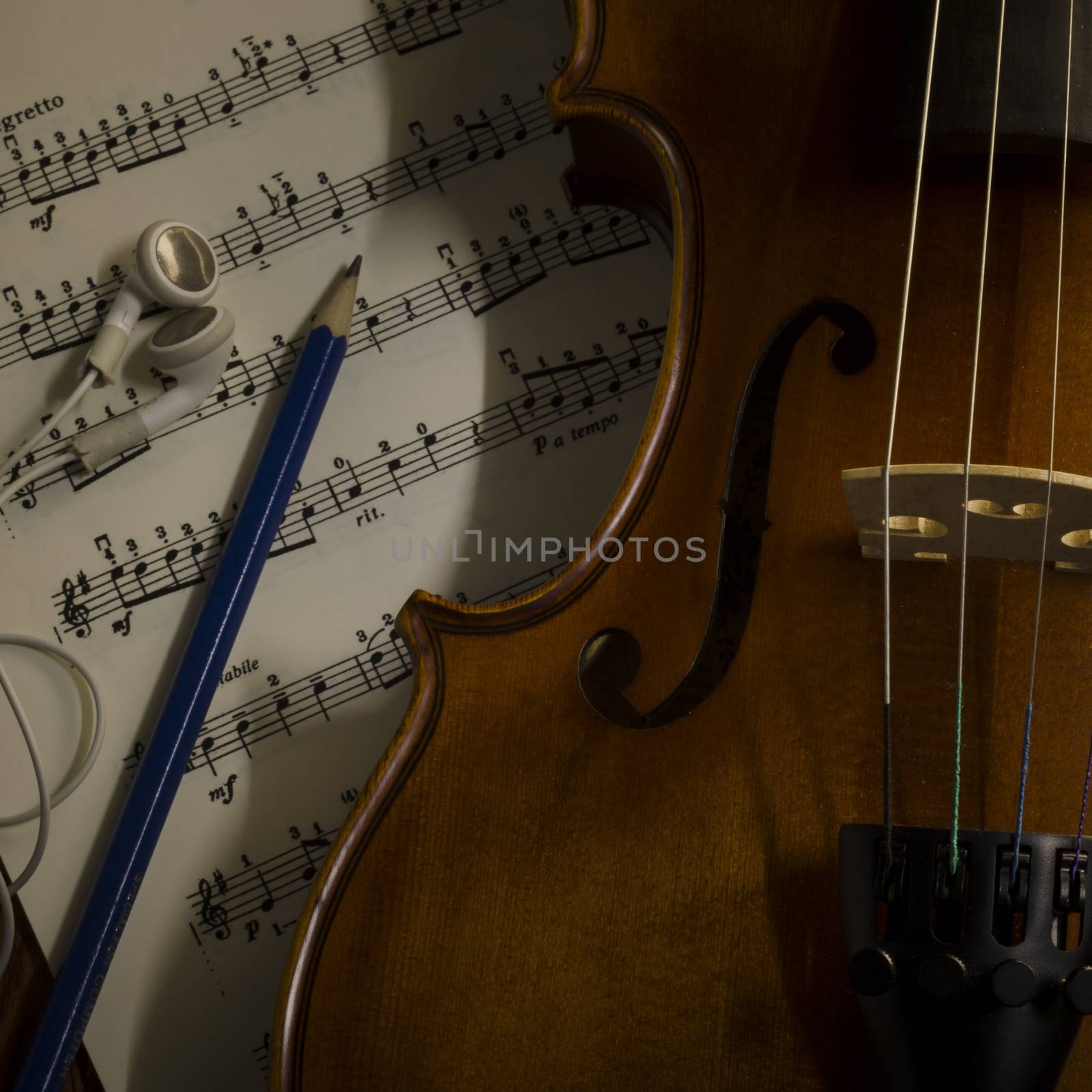 "time to practice violin" violin with sheet music on vintage style