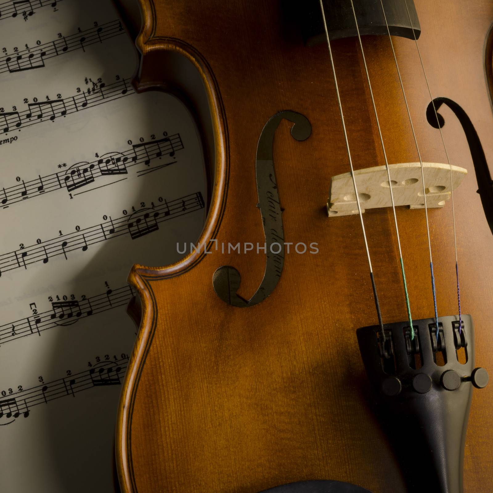 "time to practice violin" violin with sheet music on vintage style