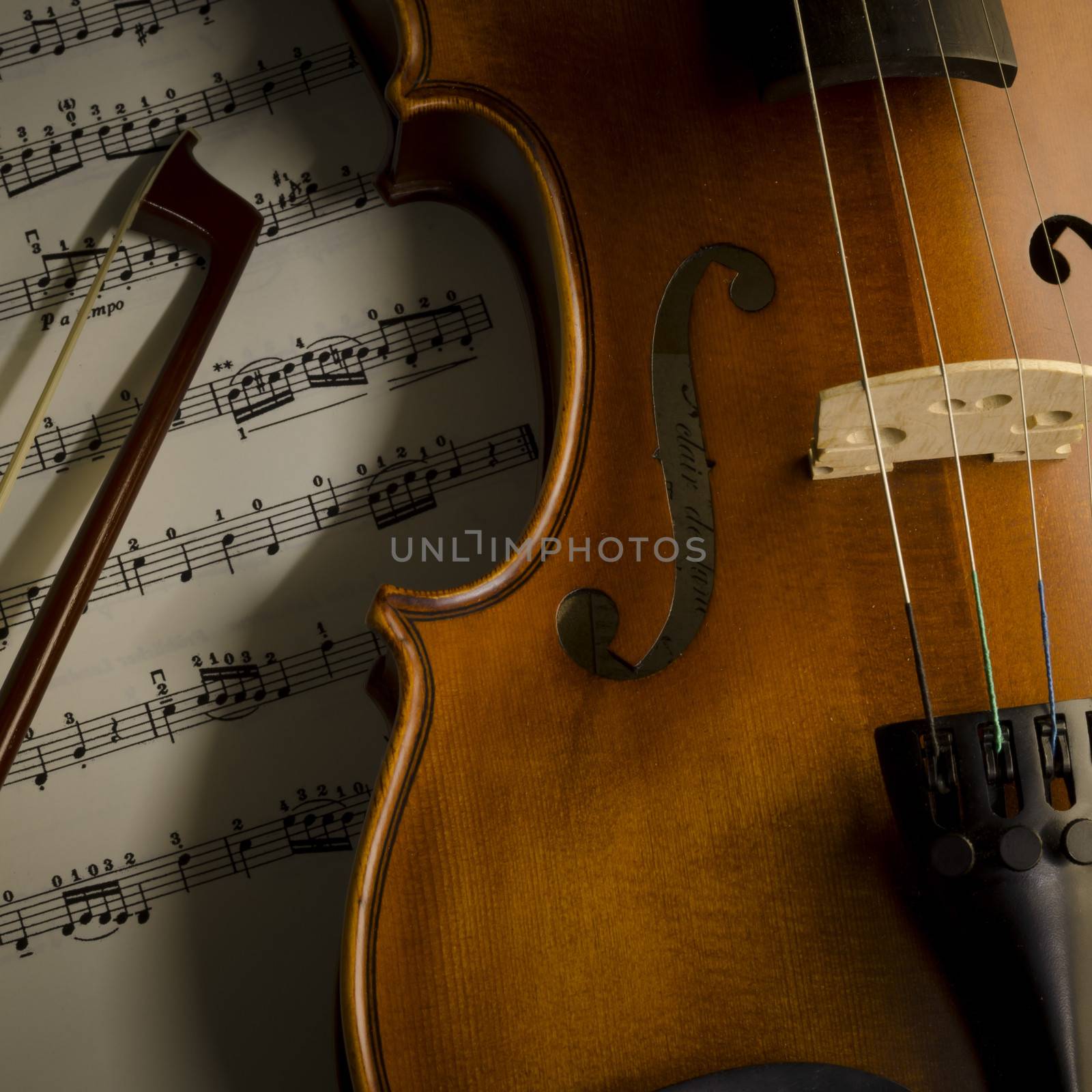 "time to practice violin" violin with sheet music on vintage style