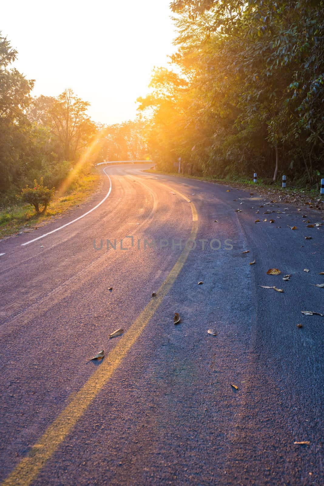 road in the mountain with yellow line and sunrise flare effect
