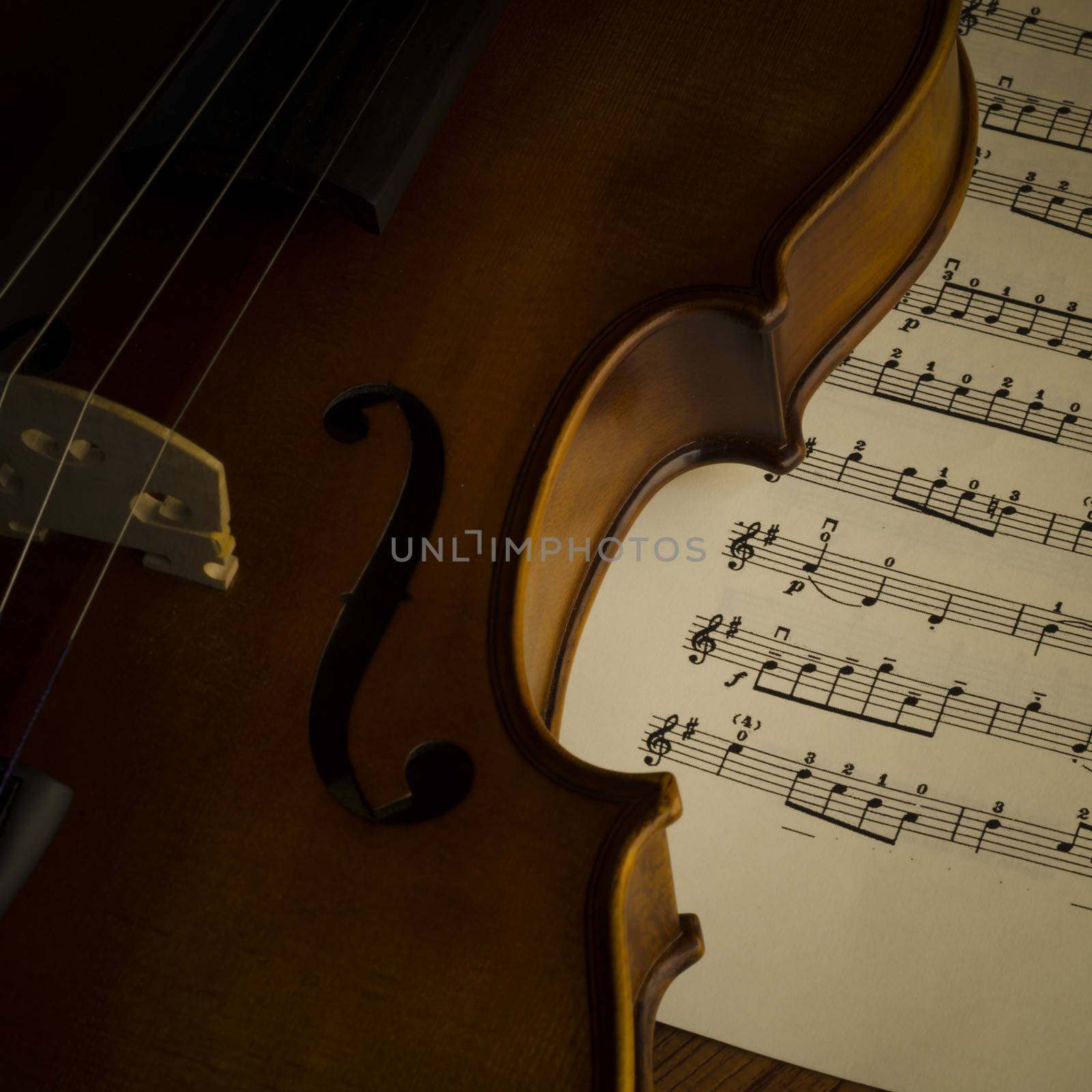 "time to practice violin" violin with sheet music on vintage style