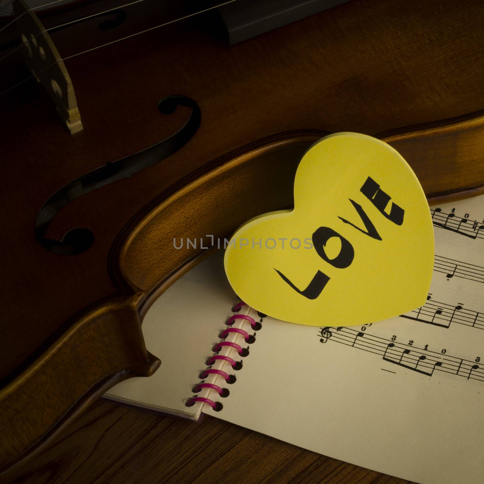 "time to practice violin" violin with sheet music on vintage style