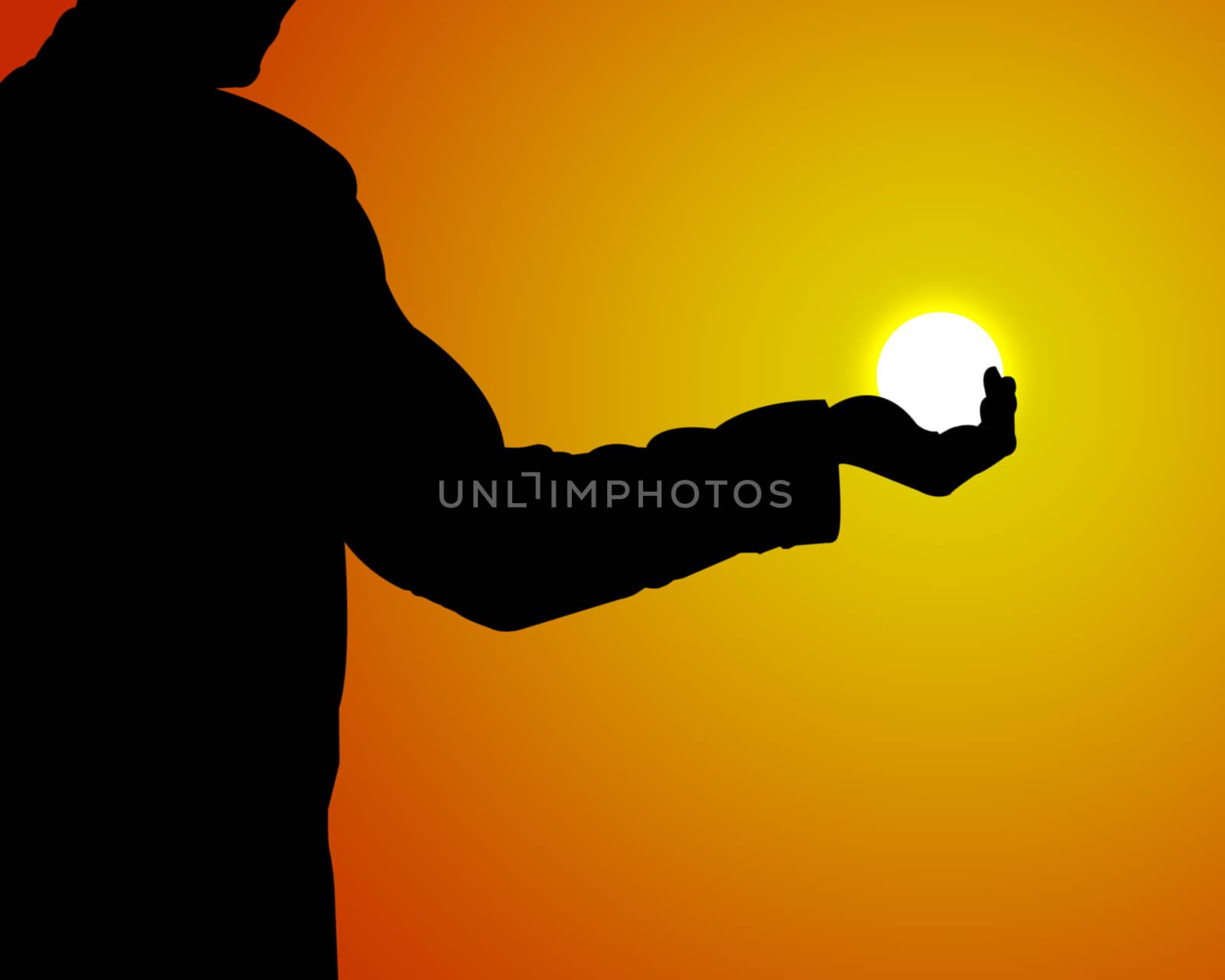 Hand holding the sun on sunset background