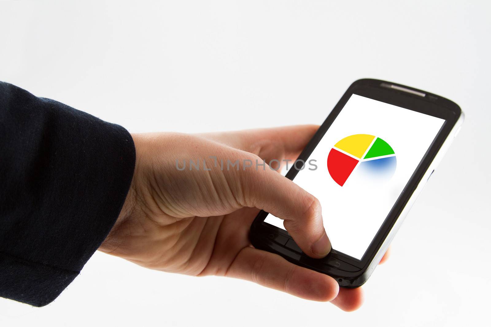 Close-up of female hands using a smart phone, in a white background