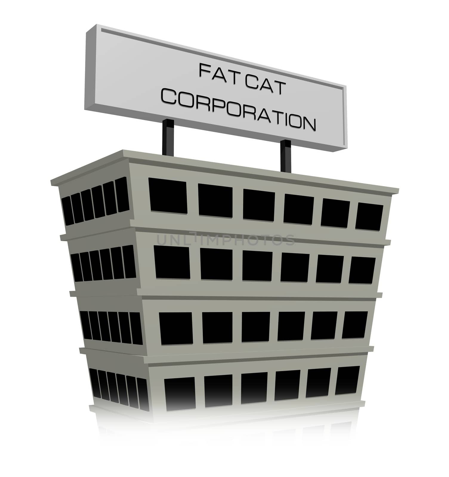 Illustration of a building with a sign that reads "Fat Cat Corporation"