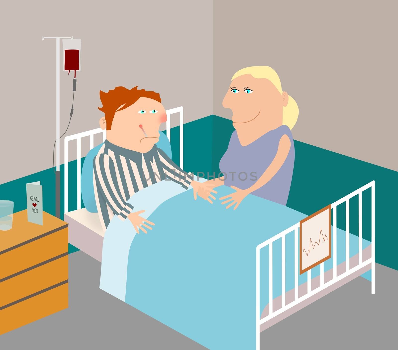 Illustration of a man in a hospital bed with a woman visiting him