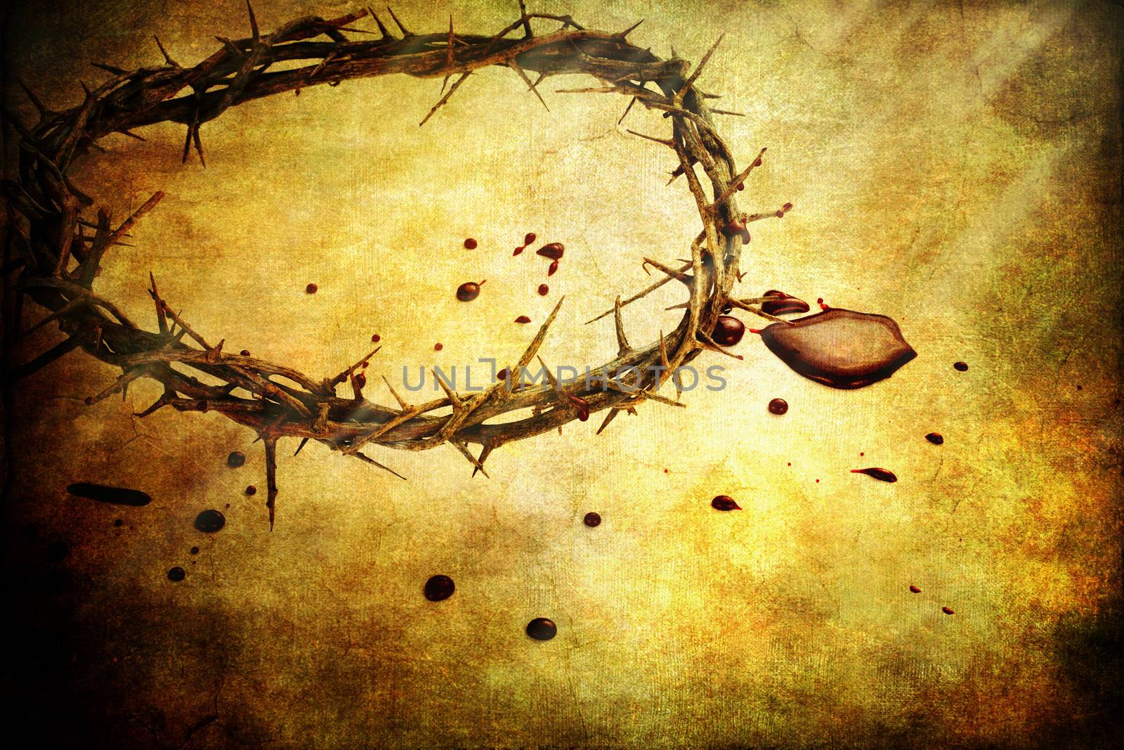 Crown of thorns with blood over textured background.