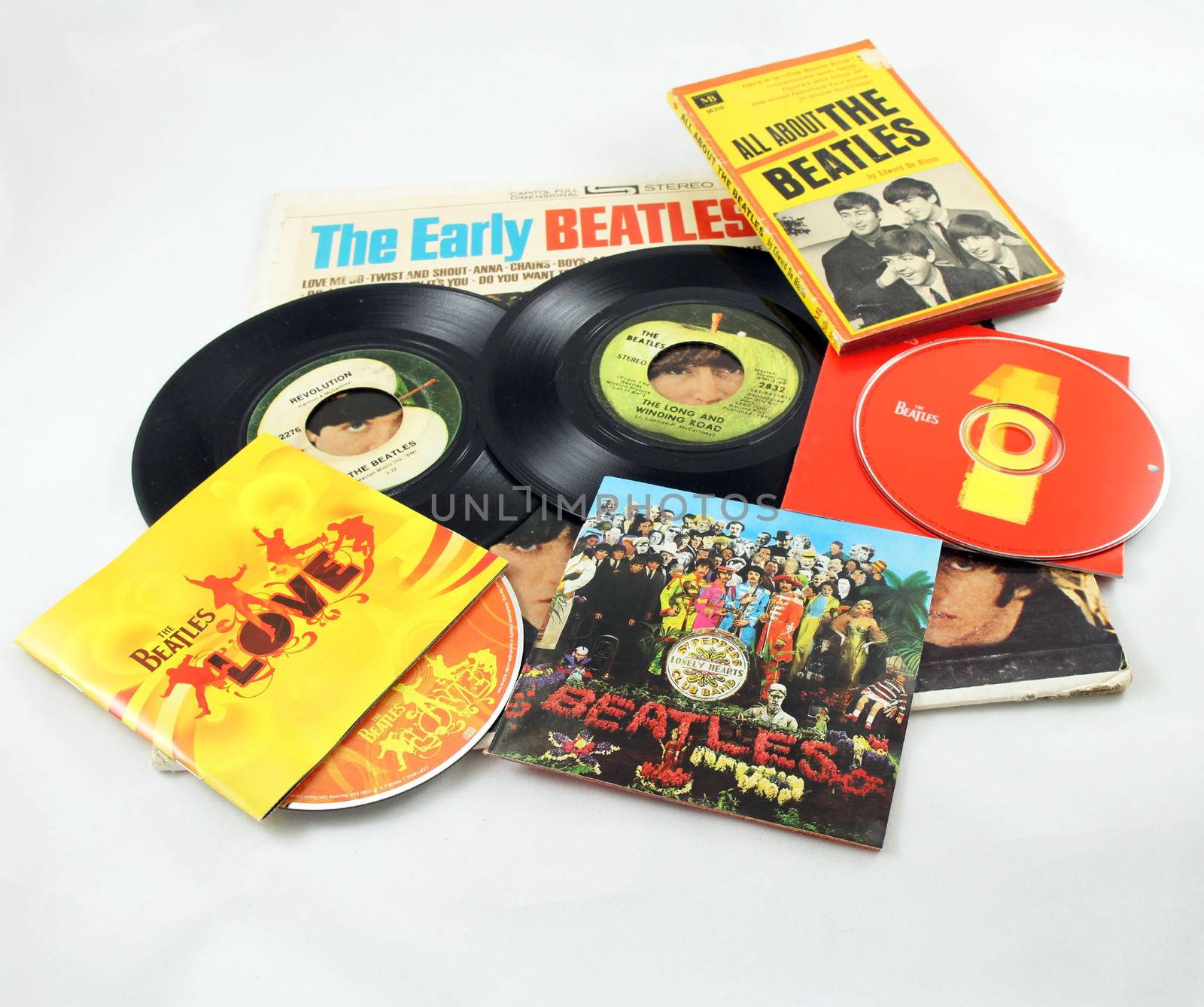 FRISCO, TX - February 8, 2014: Beatles LP, singles, CDs and book. The band marks its 50th anniversary appearance on the Ed Sullivan show Sunday, Feb. 9, 2014. They arrived on the American scene in 1964. McCartney and Ringo are the only two surviving members.