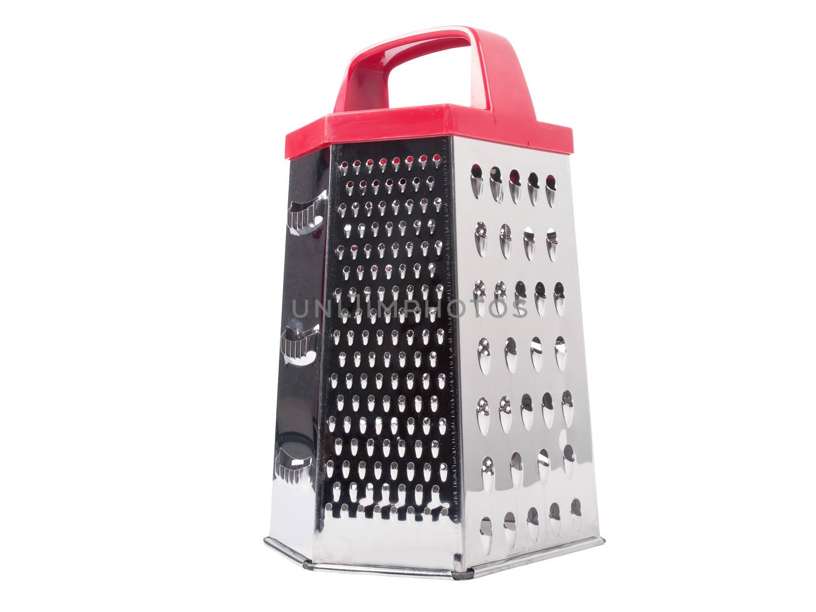 Metal grater with red handle isolated on white background