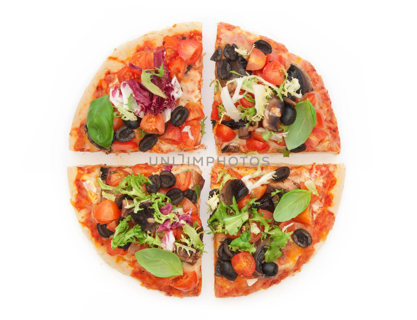 Pizza sliced into quarters over a white white background