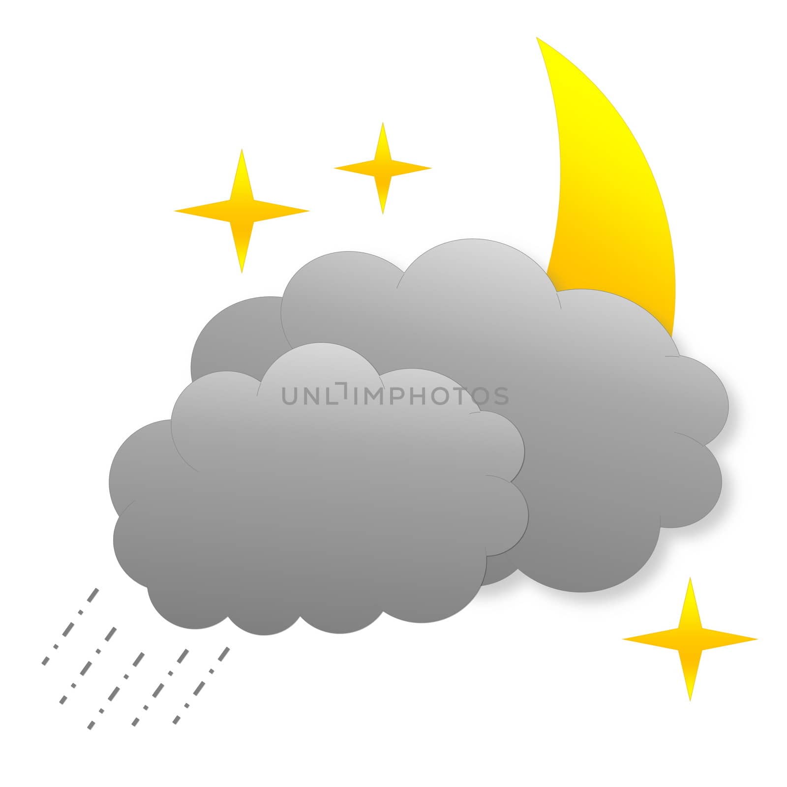 Two dark grey clouds with rain, moon behind and stars as weather icon in white background