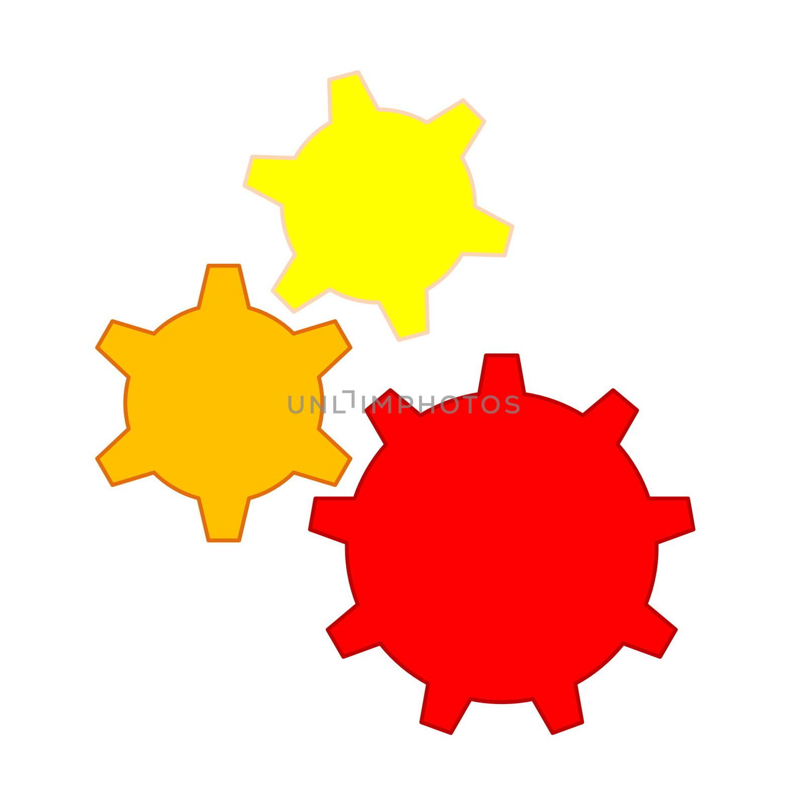 Three red, orange and yellow gears in white background