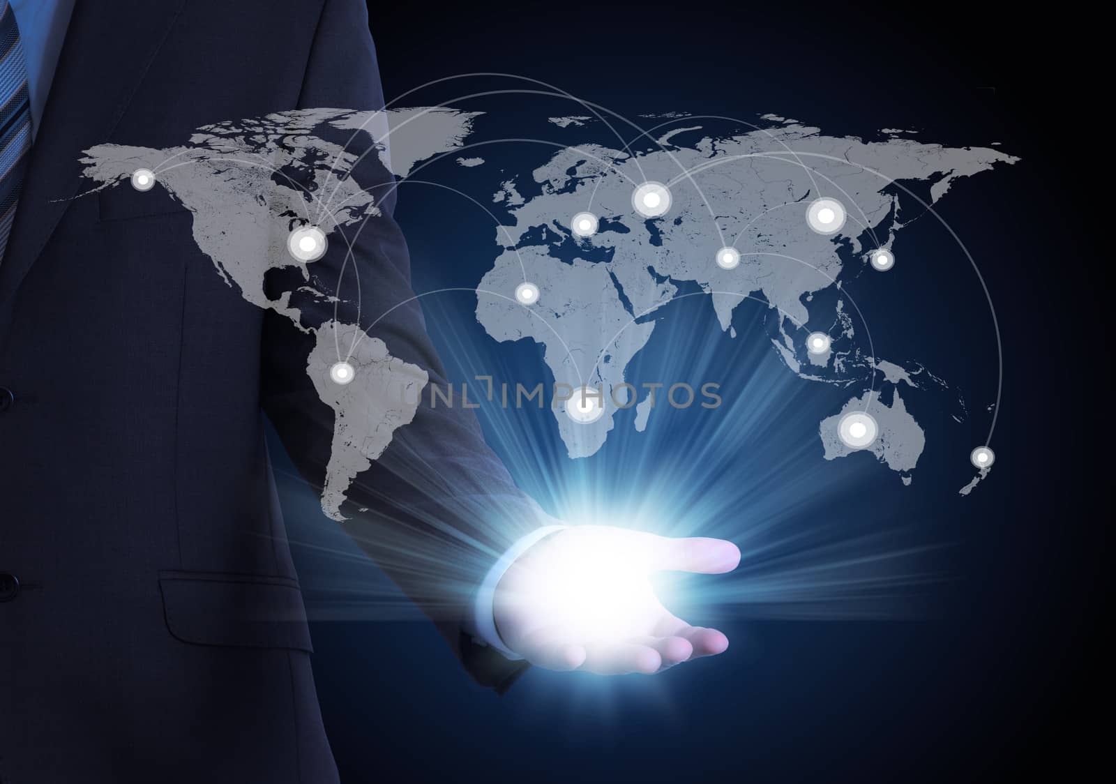 Man in suit, world map and contacts. The concept of global contacts