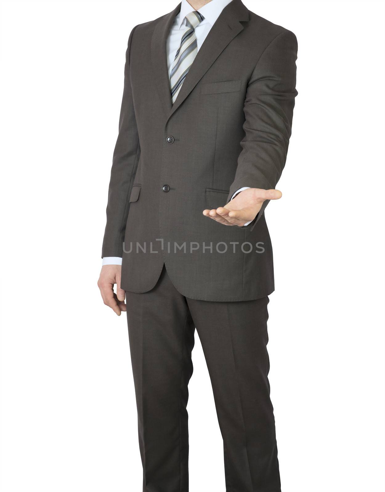 Man in suit holding his hand before him. Crop