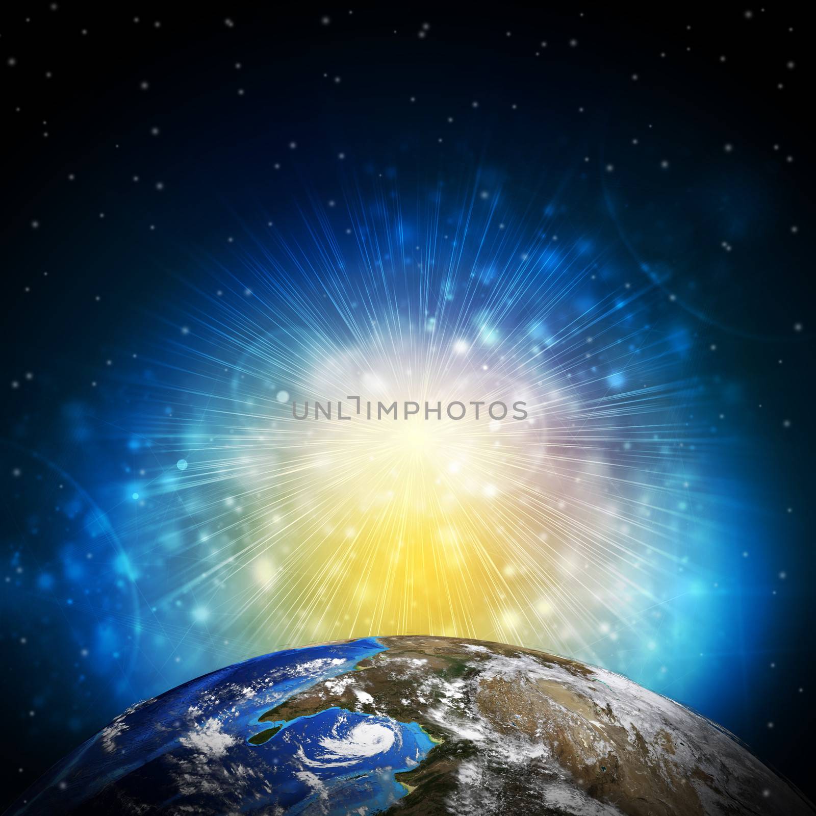 Earth planet in sun rays. Elements of this image are furnished by NASA