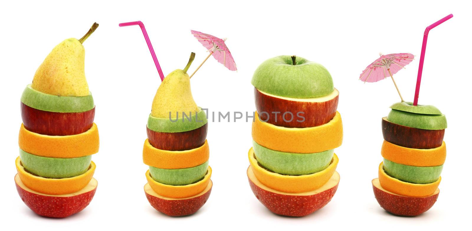 Stack of different fruit slices on white background